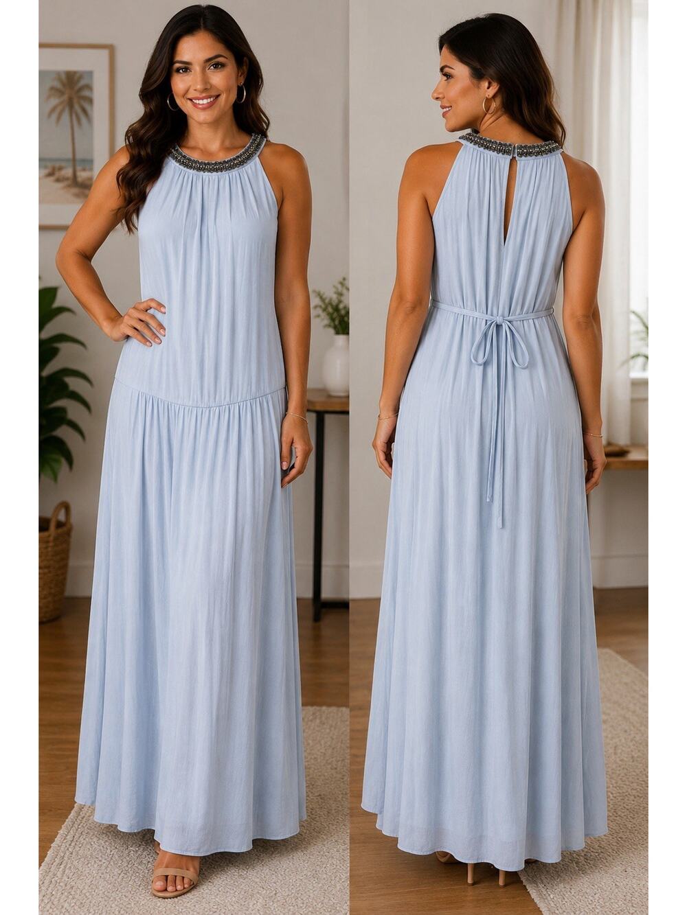 Jlo Light Blue Embellished Maxi Size Medium Elegant Sleeveless Evening Dress